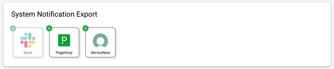 New Integration view with the Slack integration under System Notification Export