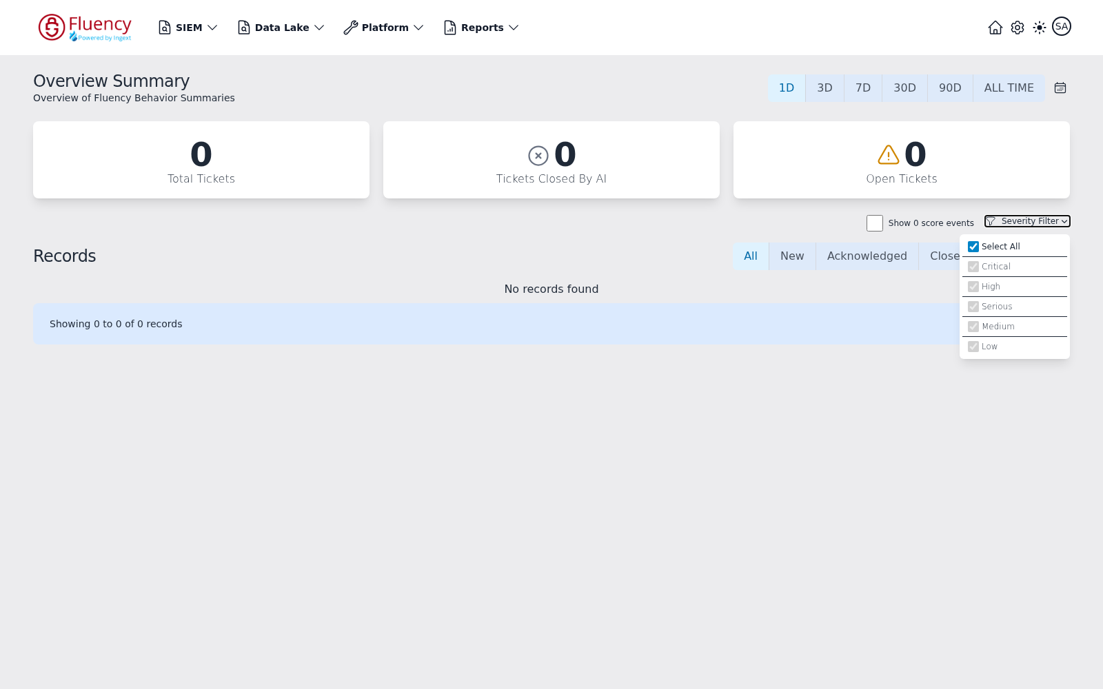 Severity Filter dropdown open, showing Select All plus Critical, High, Serious, Medium, and Low checkboxes