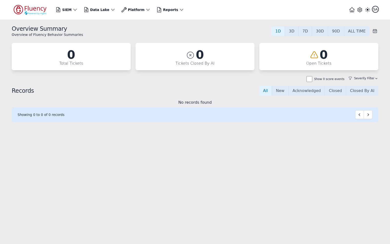 Overview Summary page with three ticket counter cards, time-range buttons, severity and status filters, and the records list
