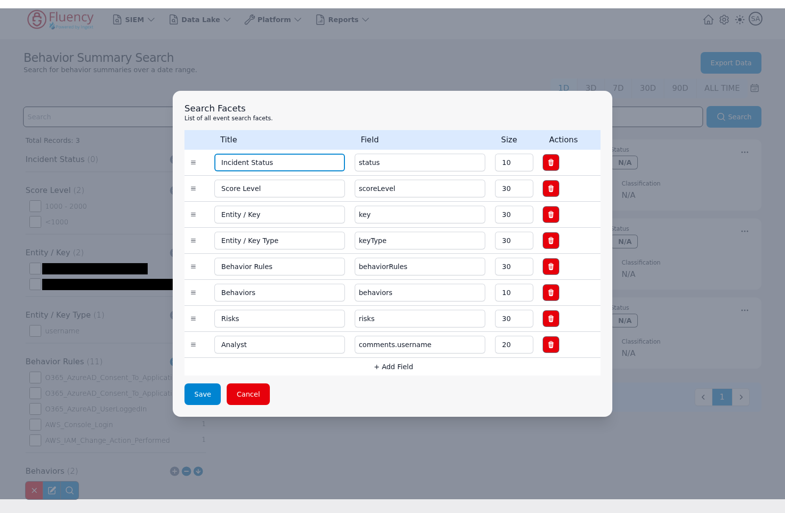 Search Facets dialog listing each facet's title, field, and size with delete buttons, an Add Field row, and Save and Cancel buttons