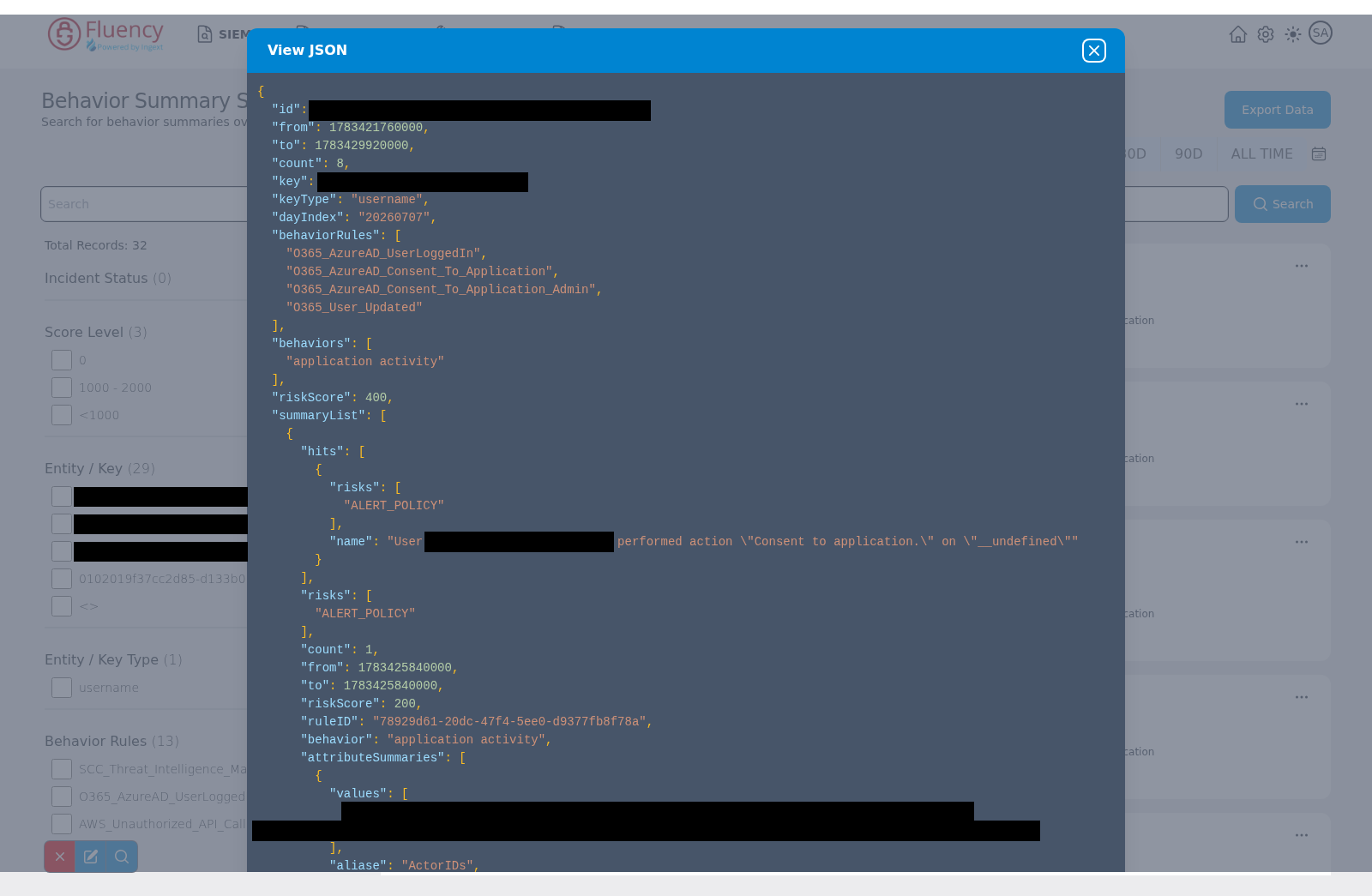 View JSON dialog showing a behavior summary record as color-coded JSON with a close button in the title bar