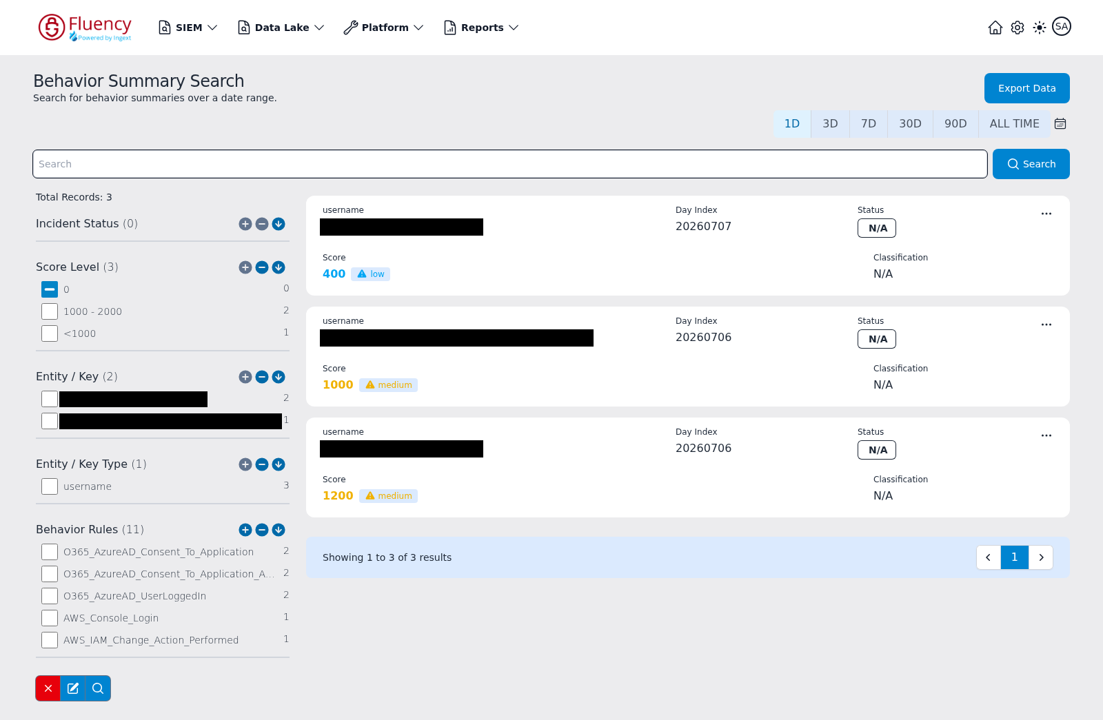 Behavior Summary Search page with the search bar, facet sidebar on the left, and behavior summary result cards on the right