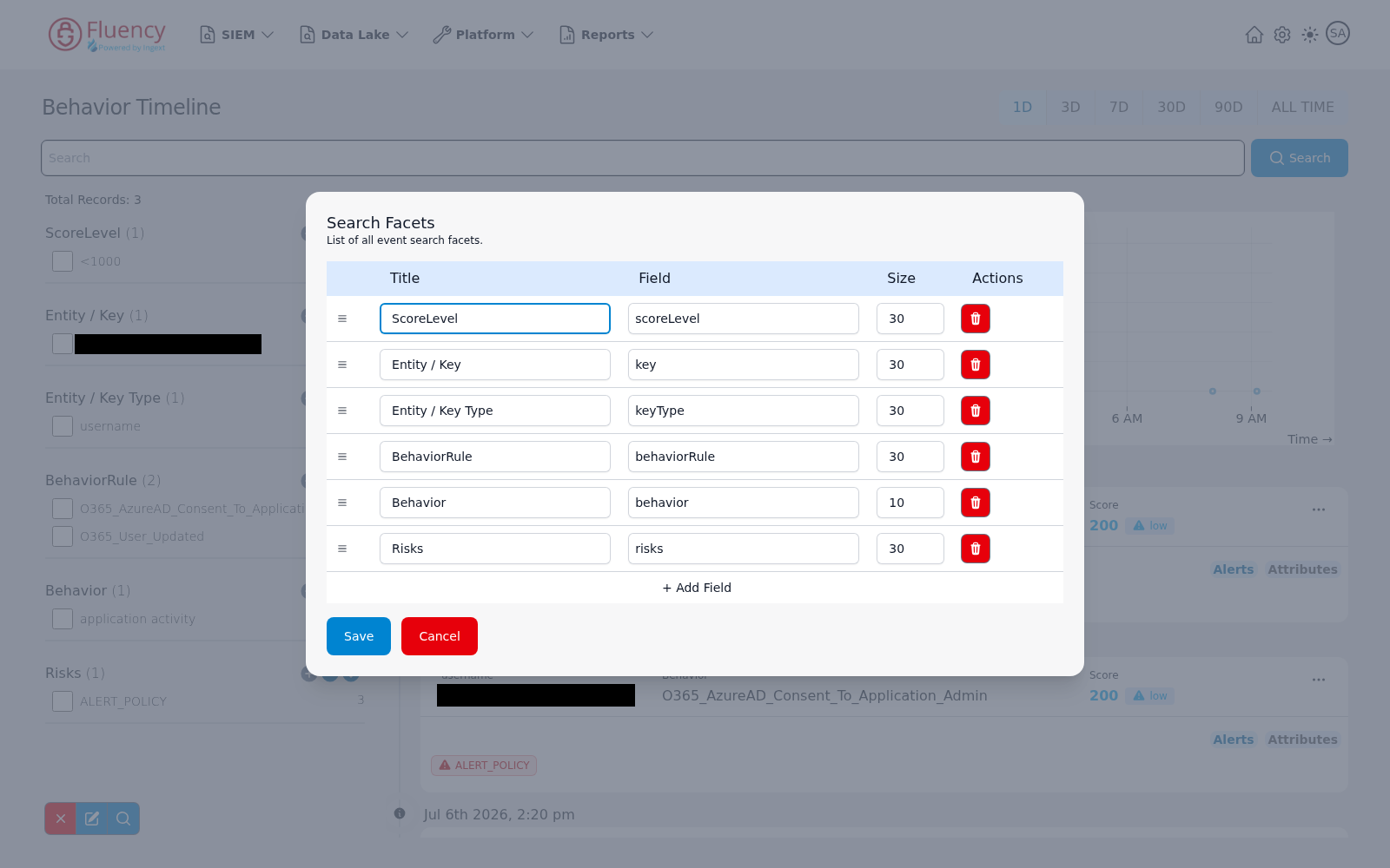 Search Facets dialog for the Behavior Timeline listing each facet's title, field, and size with delete buttons, an Add Field row, and Save and Cancel buttons