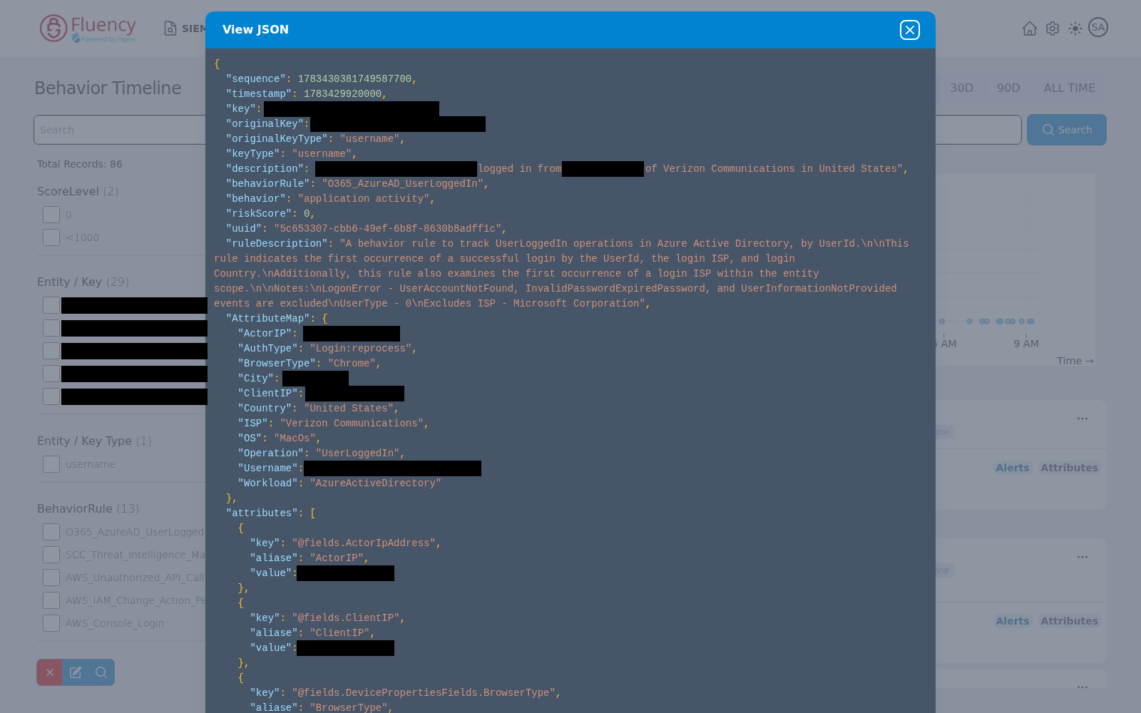 View JSON dialog showing a full behavior event record as color-coded JSON with a close button in the title bar