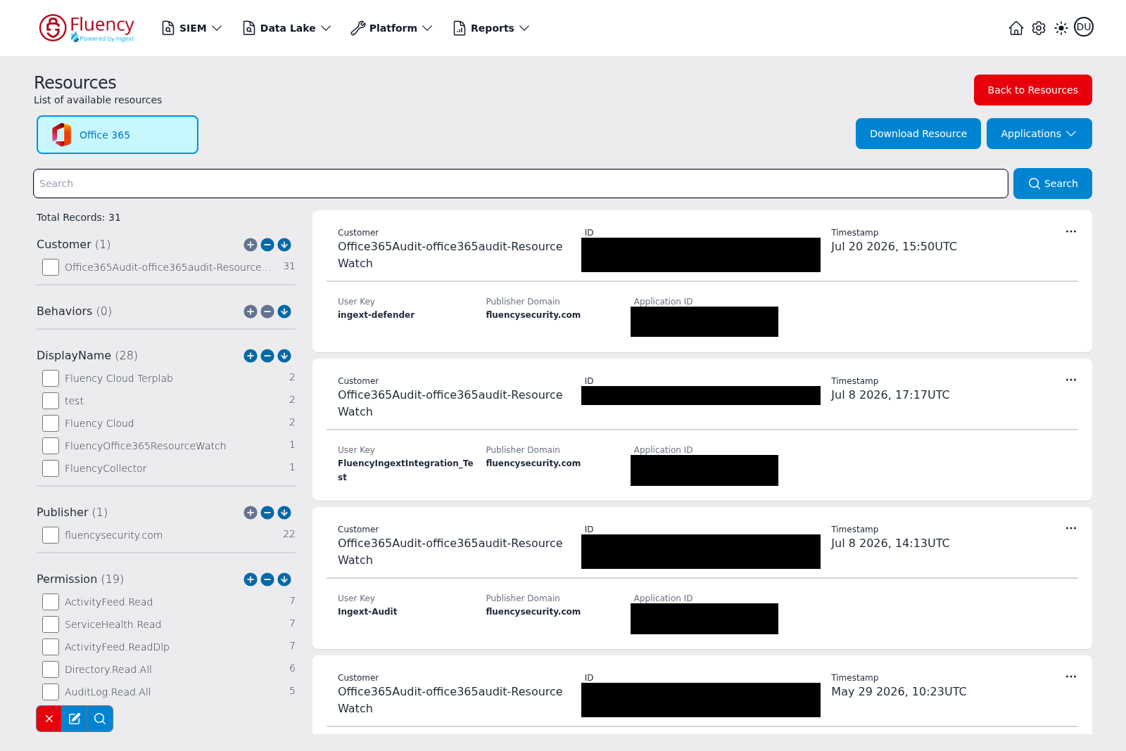 Office 365 Applications resource list with a faceted filter panel on the left and application record cards on the right
