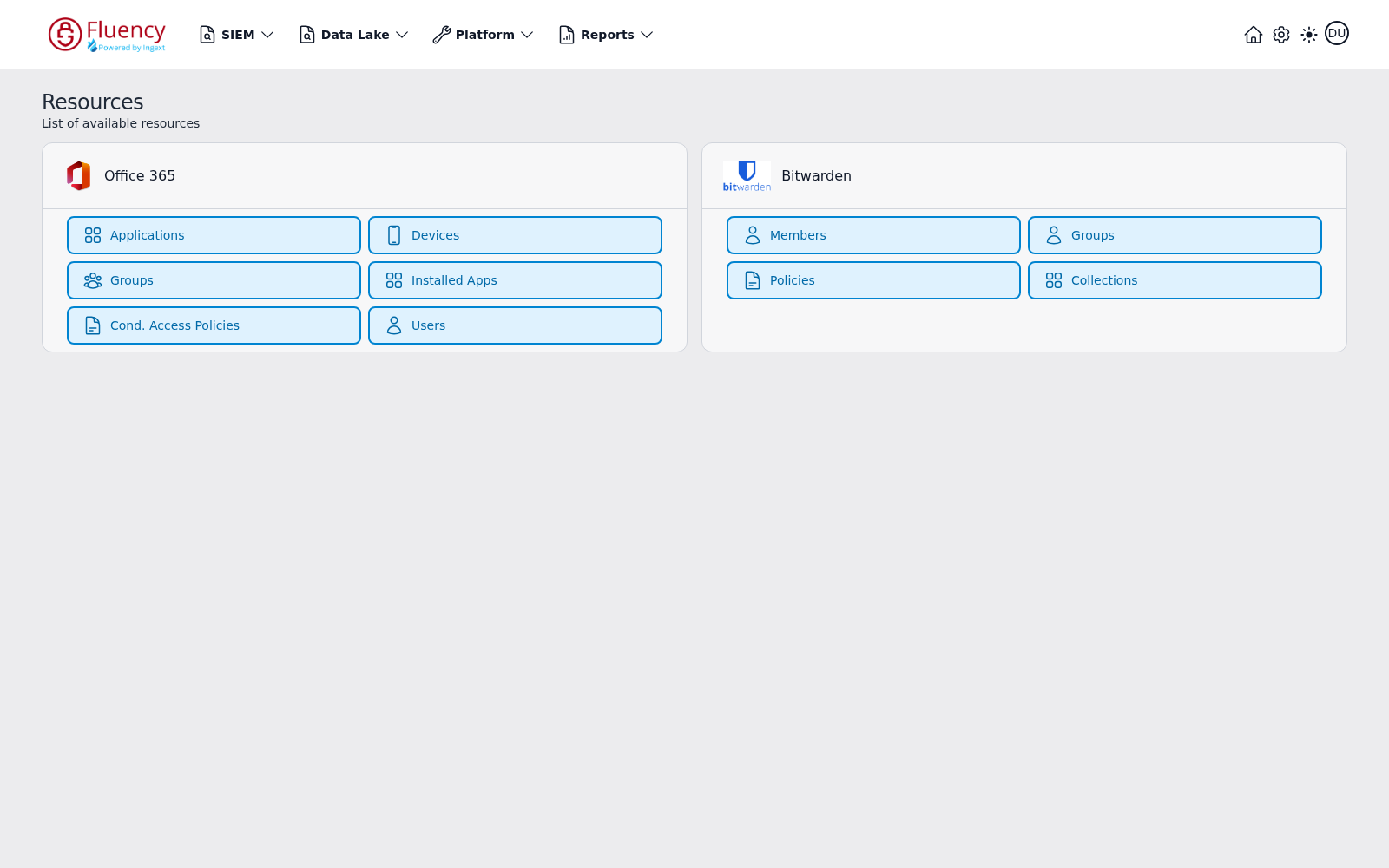 Resources page showing the Office 365 integration card with buttons for Applications, Devices, Groups, Installed Apps, Cond. Access Policies, and Users