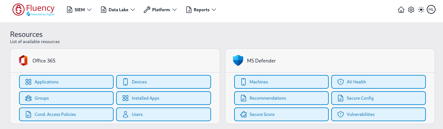 Resources page showing an Office 365 card and an MS Defender card with buttons for Machines, AV Health, Recommendations, Secure Config, Secure Score and Vulnerabilities