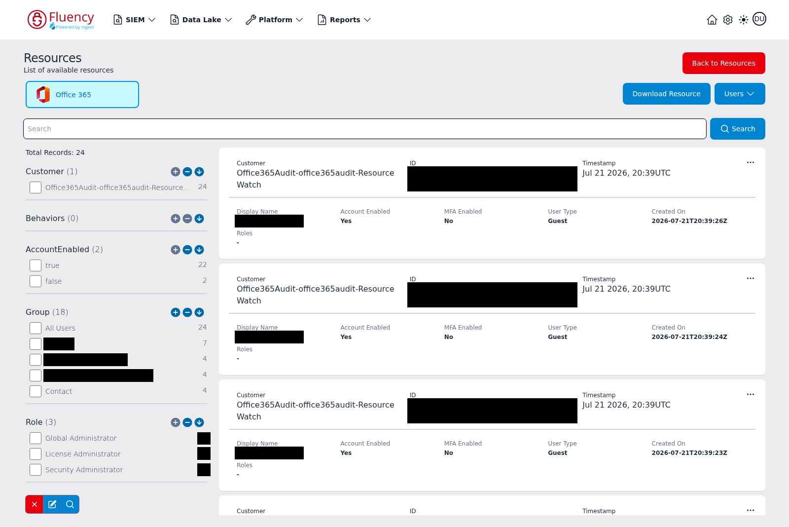 Office 365 Users resource list showing user records and the AccountEnabled, Group, and Role facets