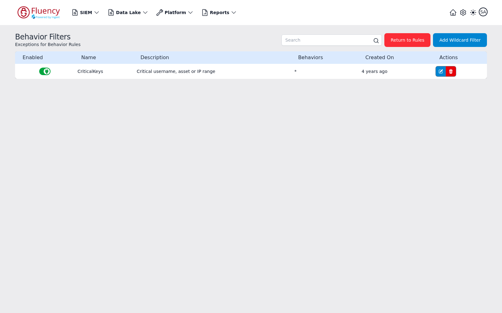 Behavior Filters page listing filter rows with enabled toggles and edit and delete actions