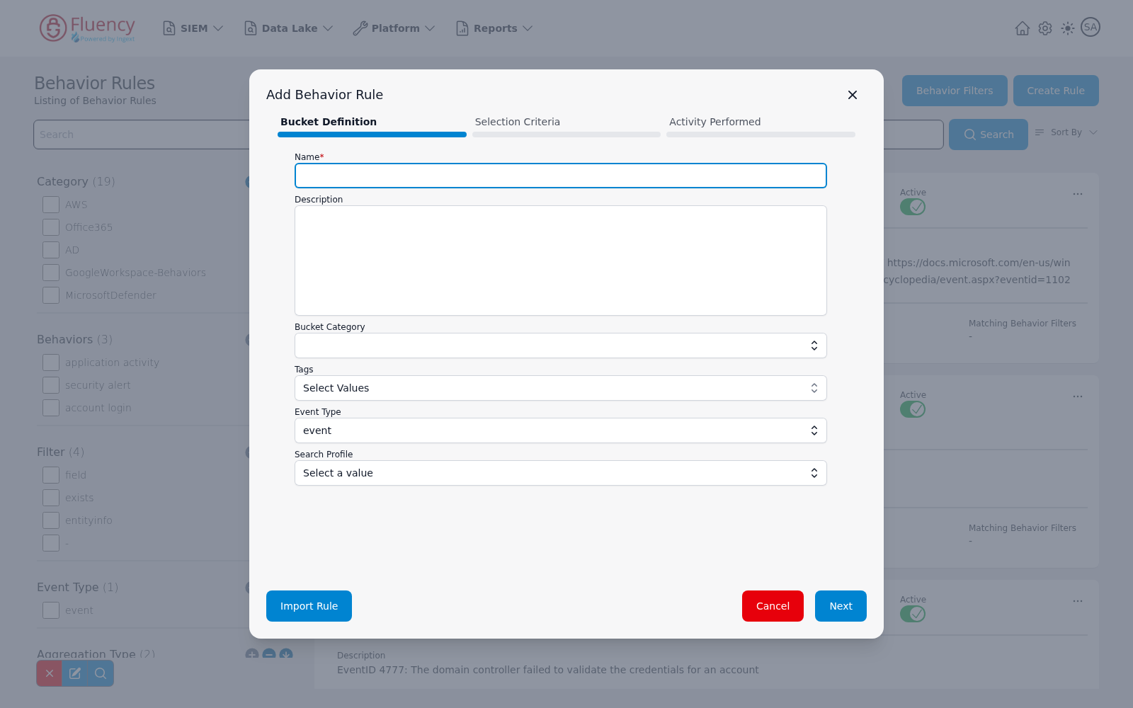 Add Behavior Rule dialog showing the Bucket Definition step with name, description, and classification fields