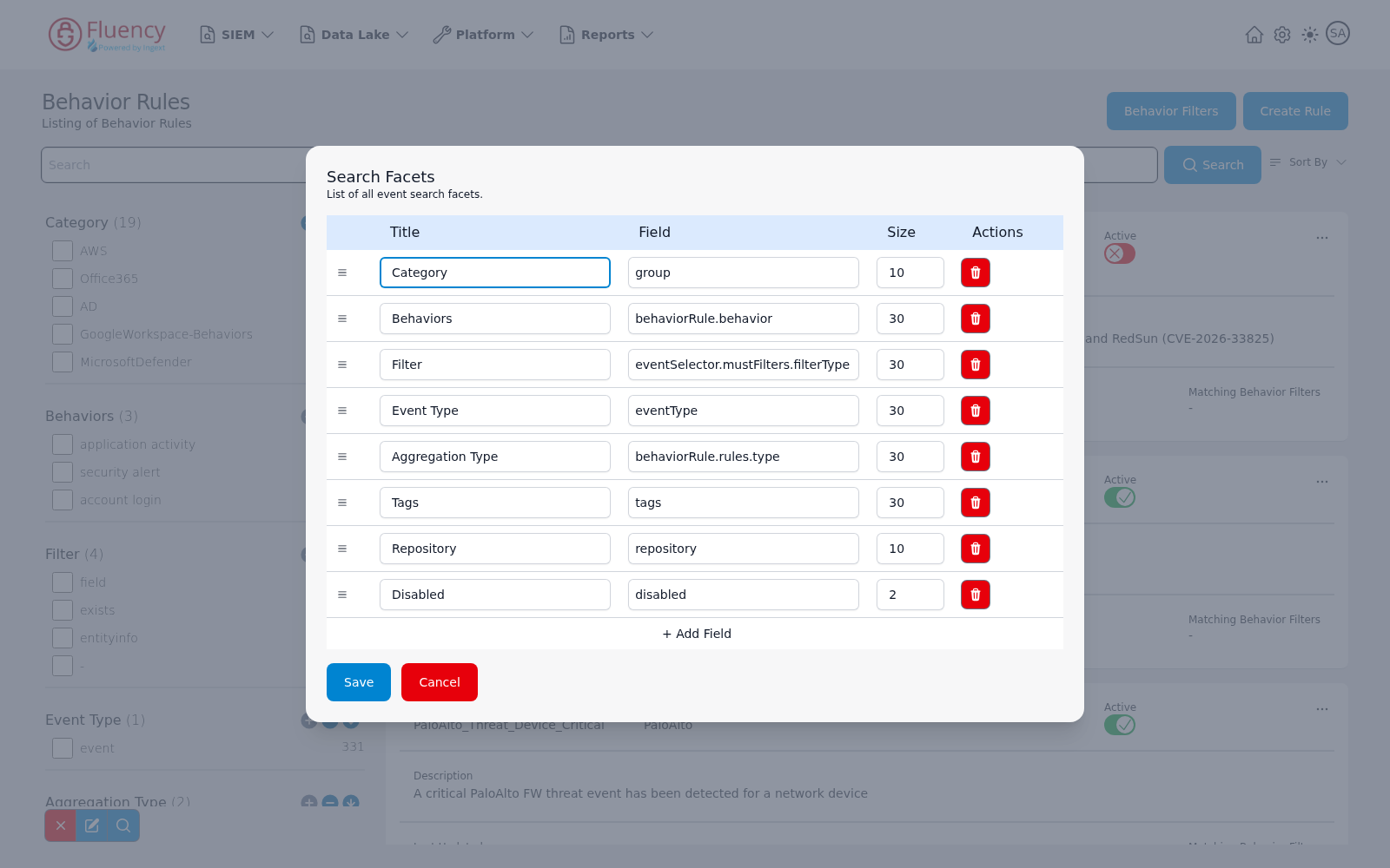 Search Facets dialog listing each facet with its title, backing field, and size