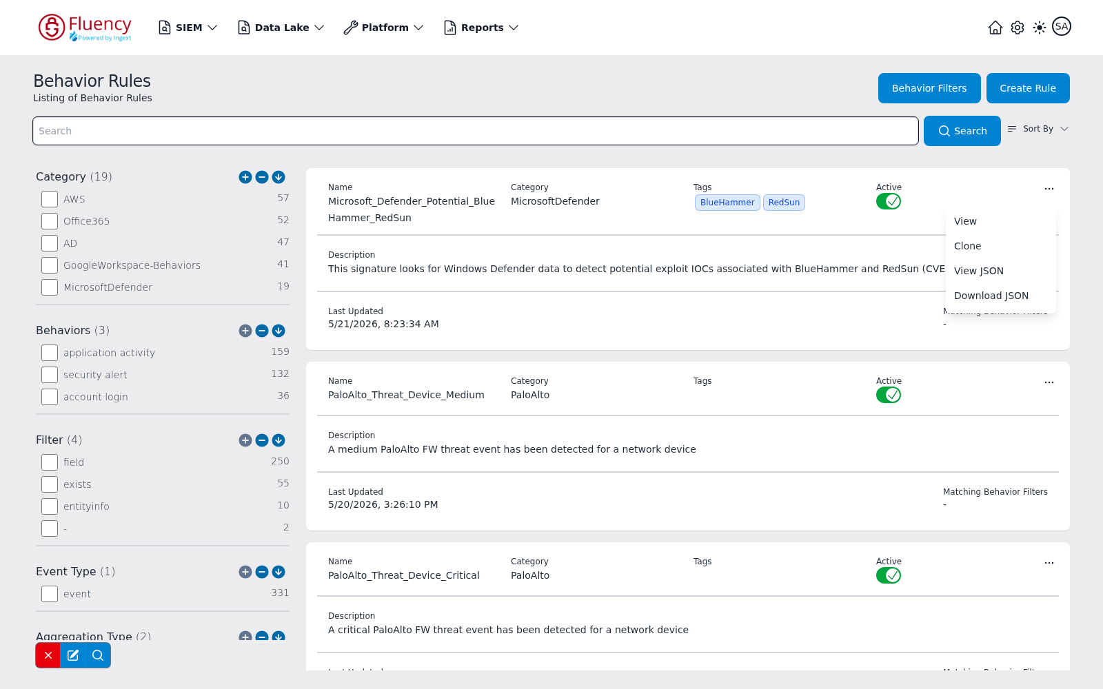 Rule actions menu open on a rule card showing View, Clone, View JSON, and Download JSON
