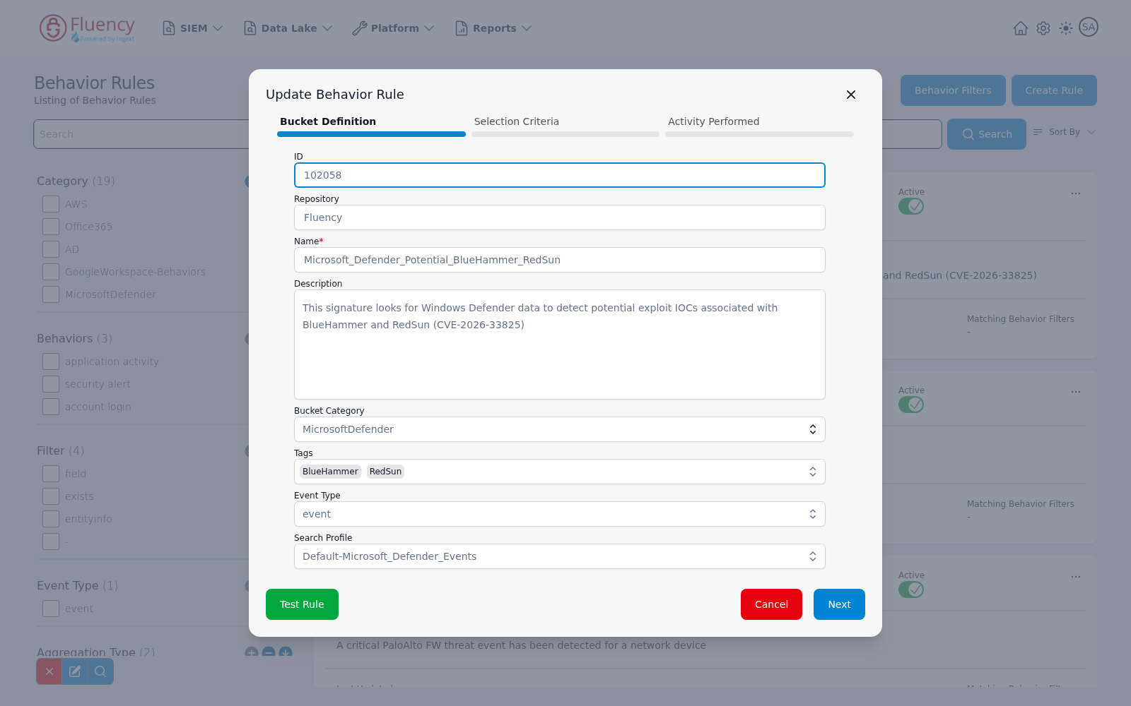 Update Behavior Rule dialog showing the Bucket Definition step pre-filled with the selected rule