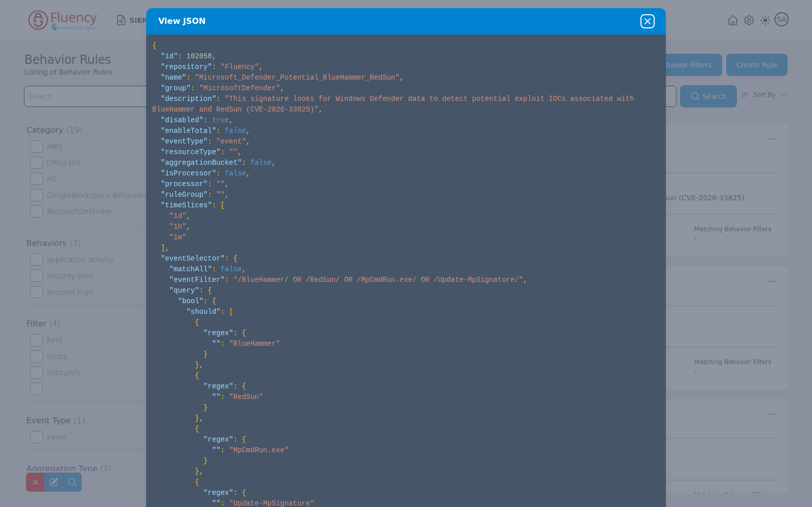 View JSON dialog showing the rule definition as syntax-highlighted JSON
