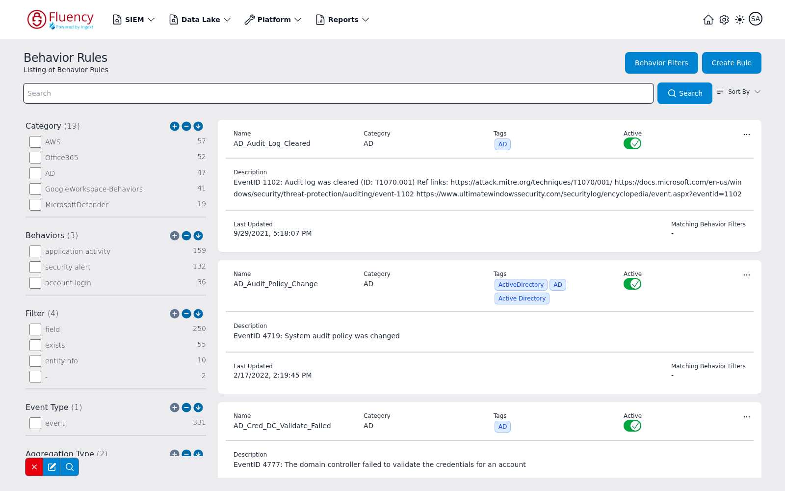 Behavior Rules page showing the header buttons, search bar, facet sidebar, and the list of rule cards