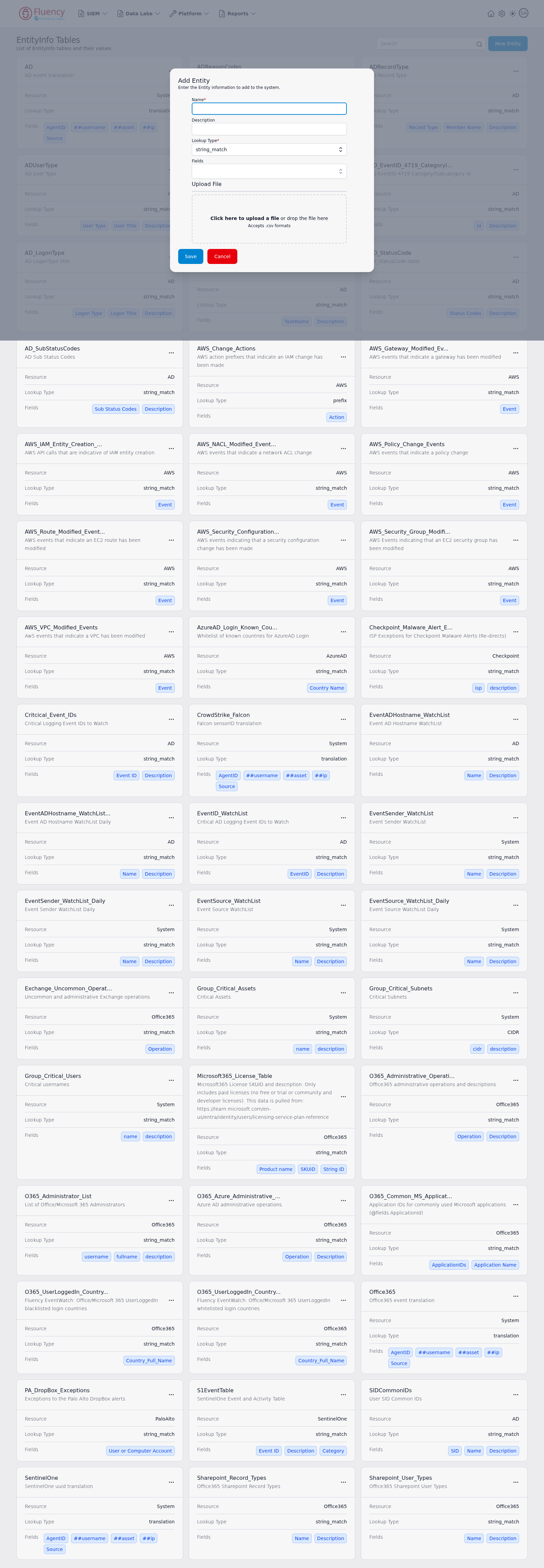 Add Entity dialog with name, description, lookup type, fields, and a CSV upload area