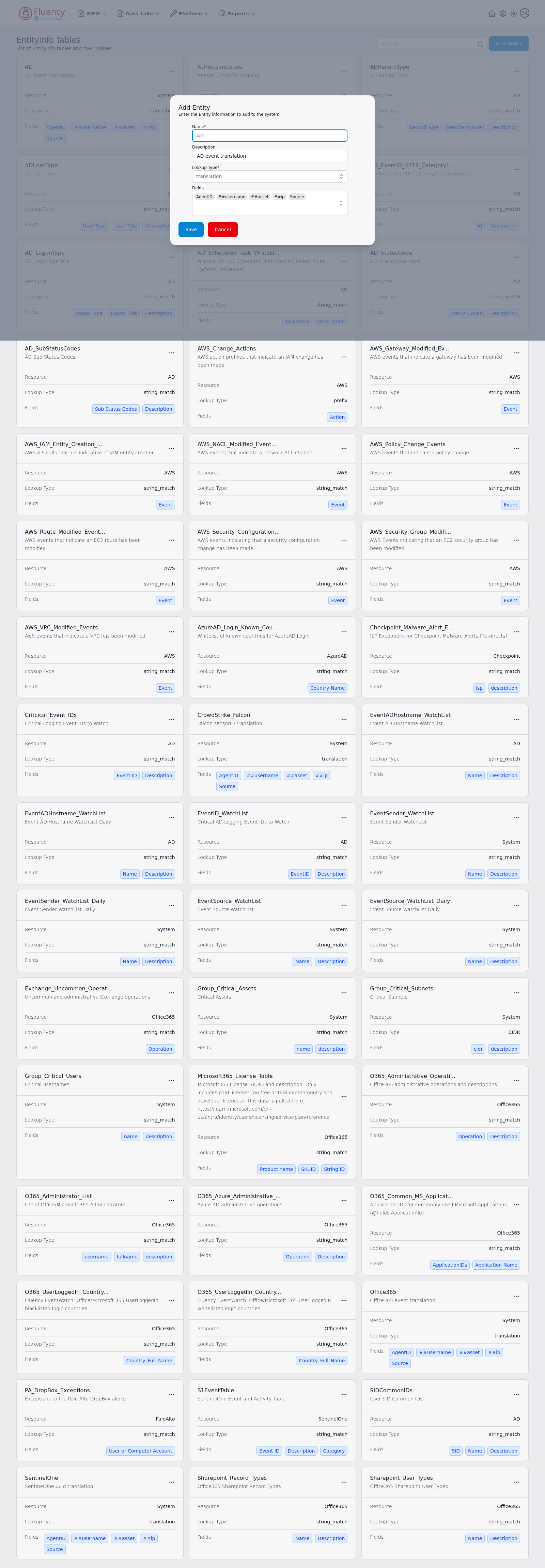 Edit dialog for an EntityInfo table — the Add Entity form pre-filled with the table's name, description, lookup type, and fields