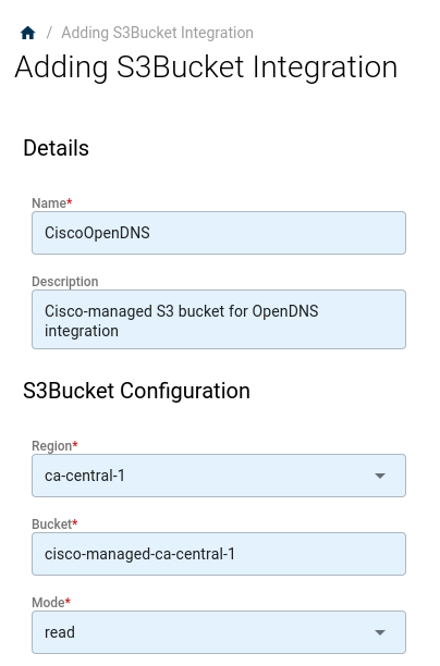 Left-side panel with the bucket, region, prefix and access key fields for the Umbrella S3 bucket