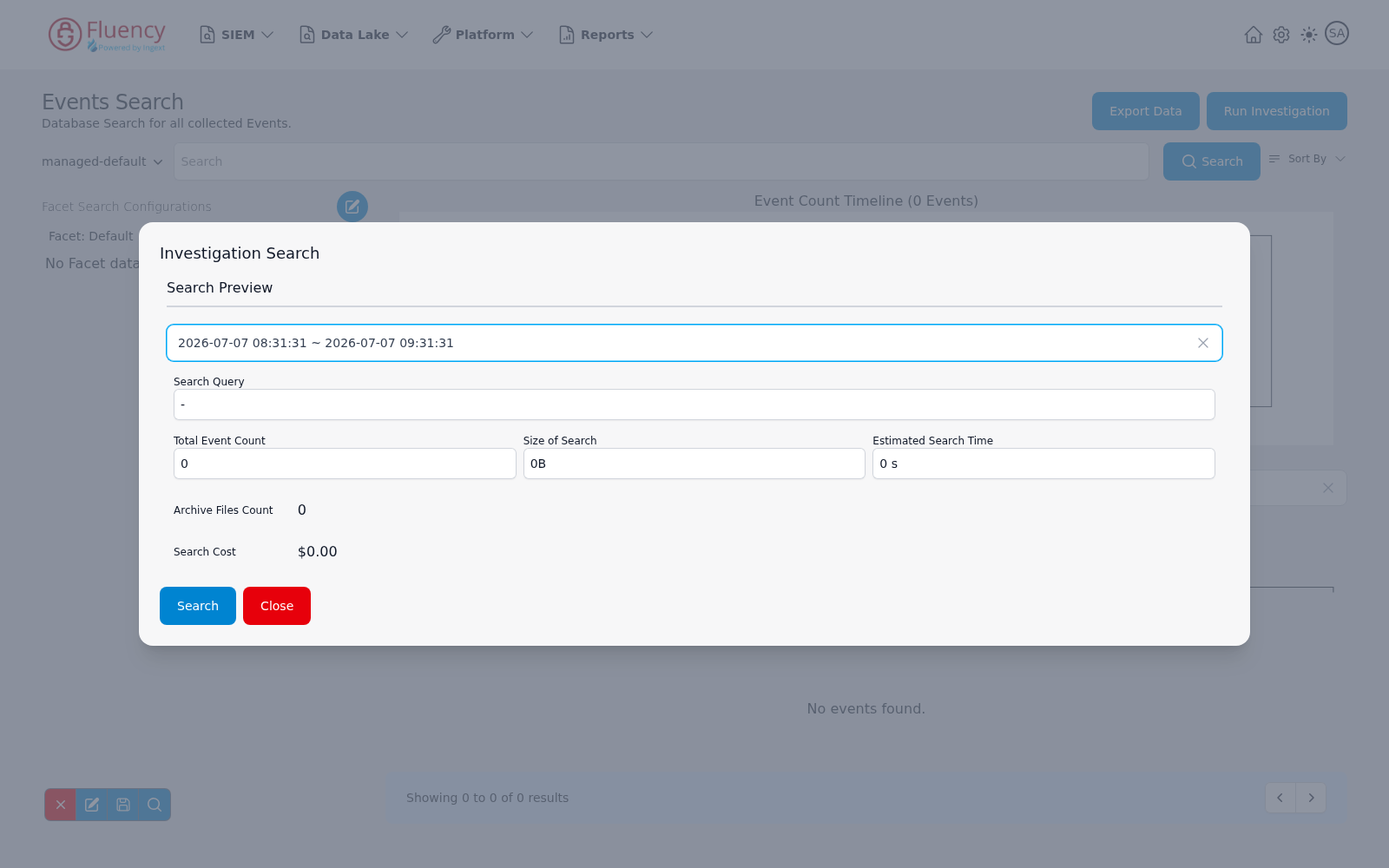 Investigation Search dialog showing the Search Preview fields, with Search and Close buttons