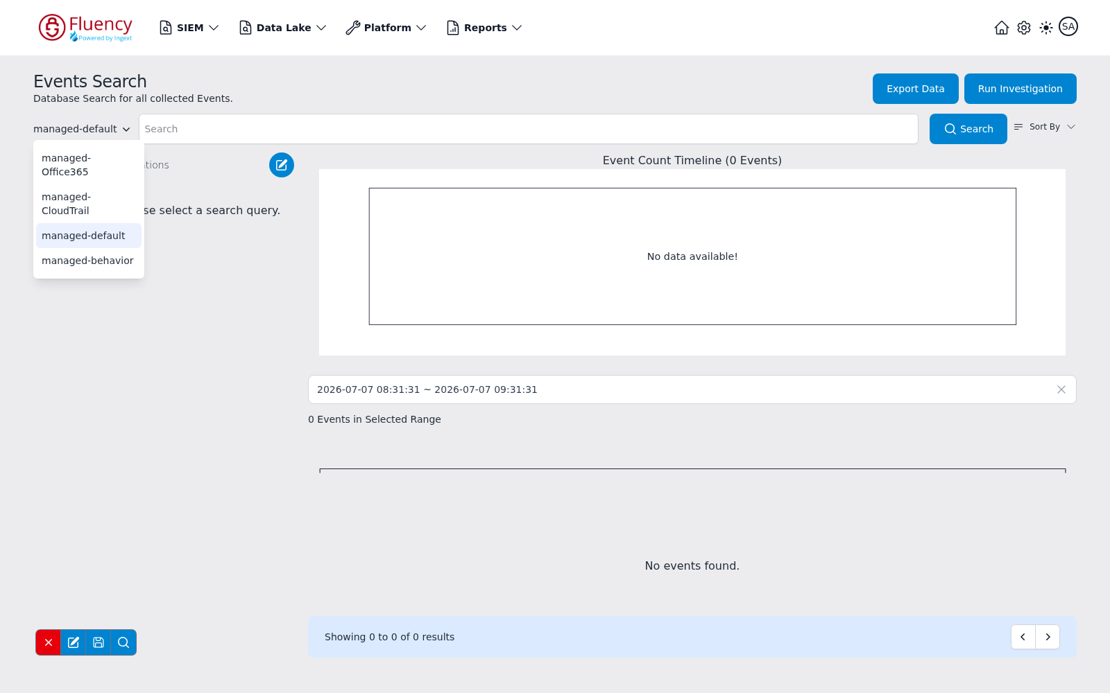 Index selector menu open, listing the managed indexes with managed-default highlighted