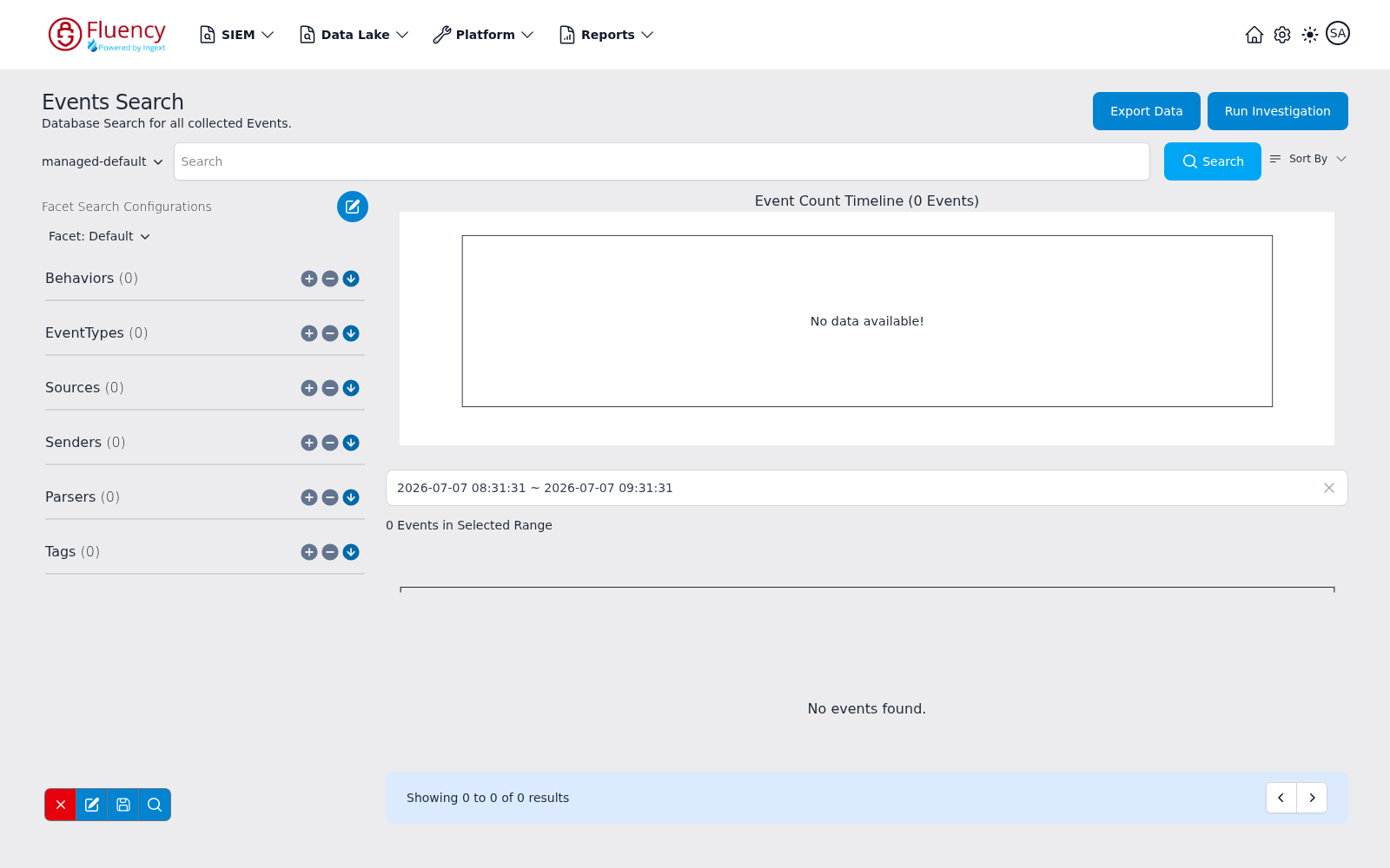 Events Search after clicking Search, with the facet panel showing the Default configuration's facet groups