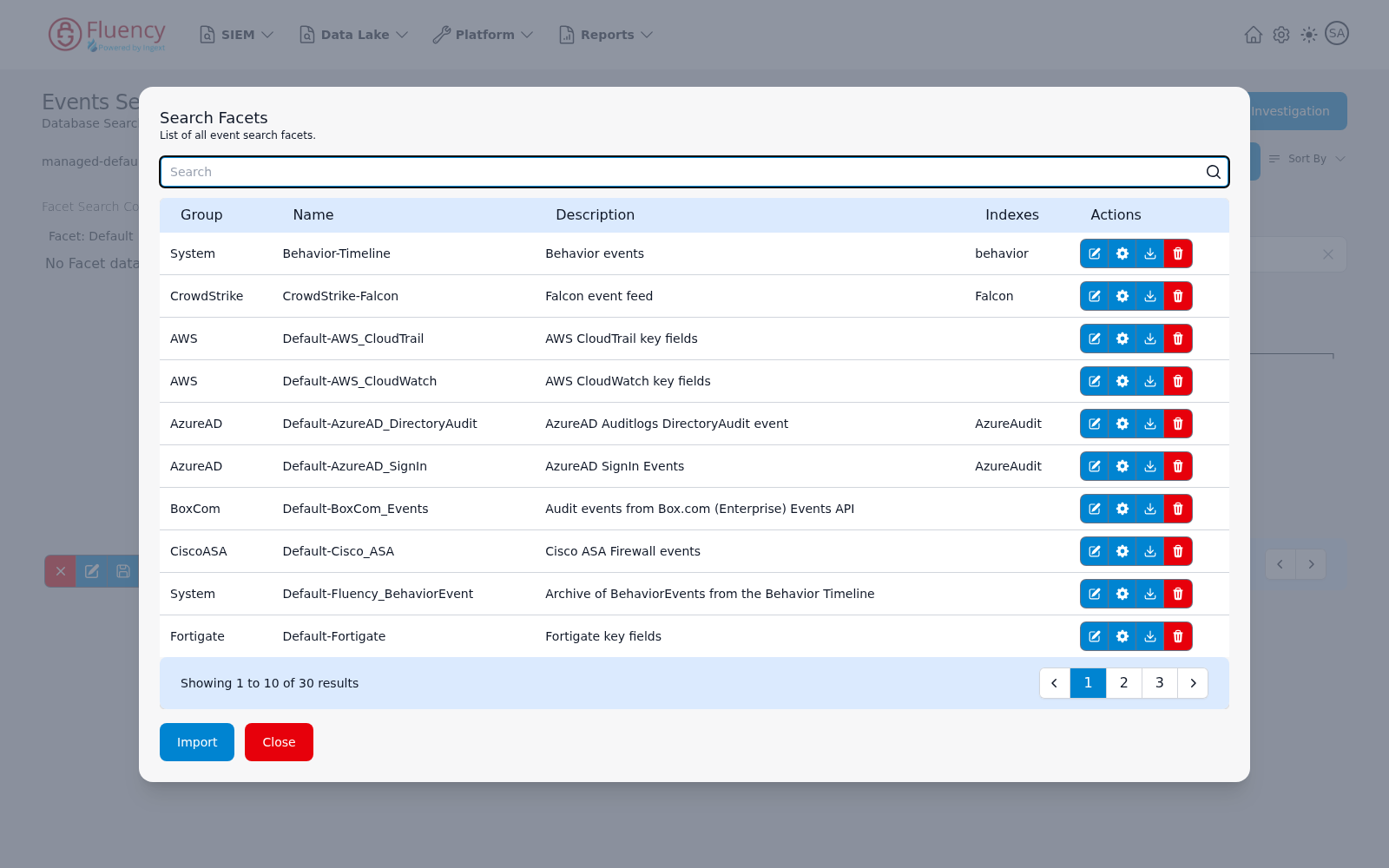 Search Facets dialog listing saved facet definitions with per-row action buttons and Import and Close buttons