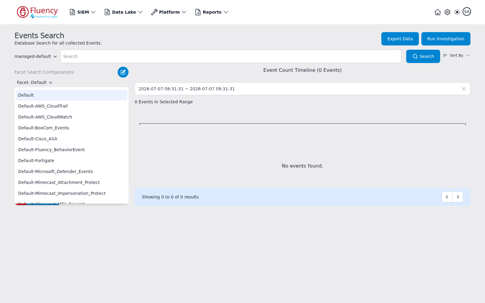 Facet configuration menu open, listing the Default configuration and per-source default configurations