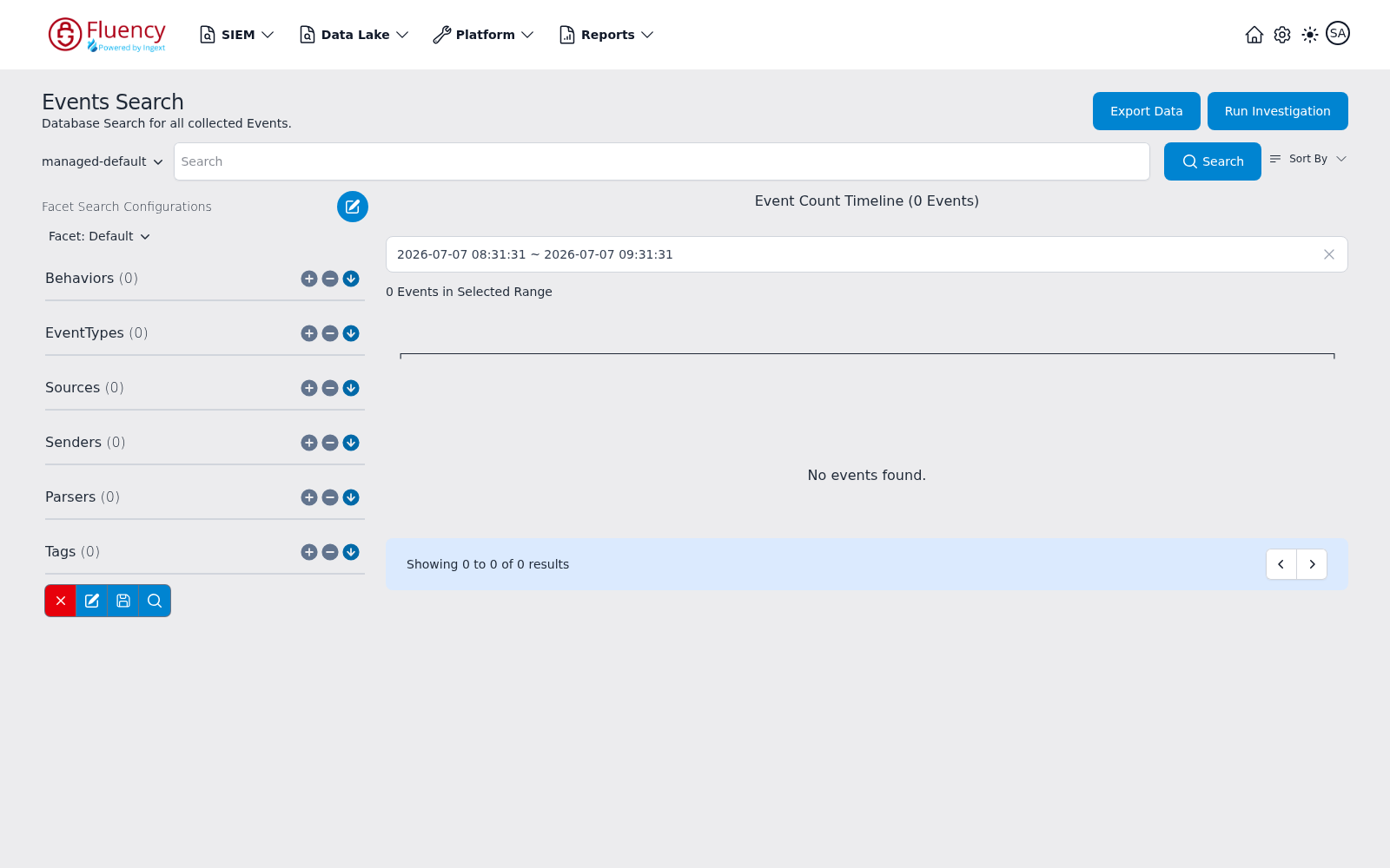 Facet panel after selecting the Default configuration, showing its facet groups with zero counts