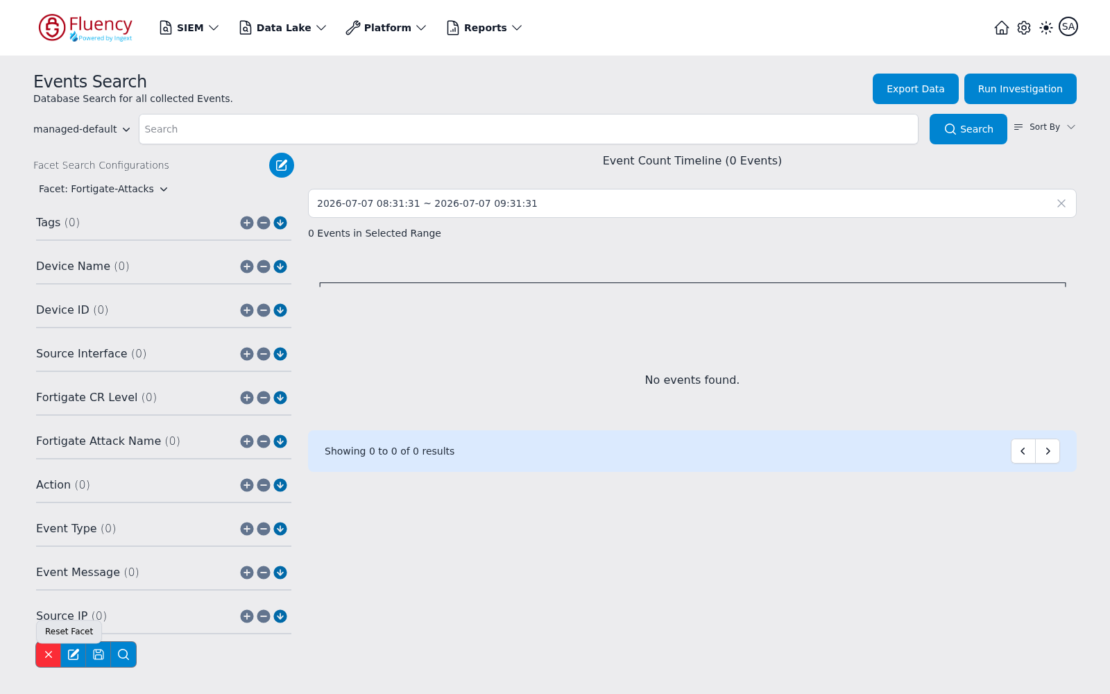 Facet panel after clicking Reset Facet, showing the selected Fortigate-Attacks configuration's facet groups with zero counts