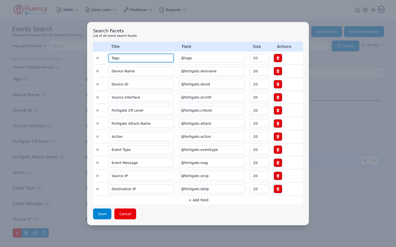 Search Facets field editor listing the Fortigate-Attacks configuration's facet fields with Title, Field, Size, and Actions columns
