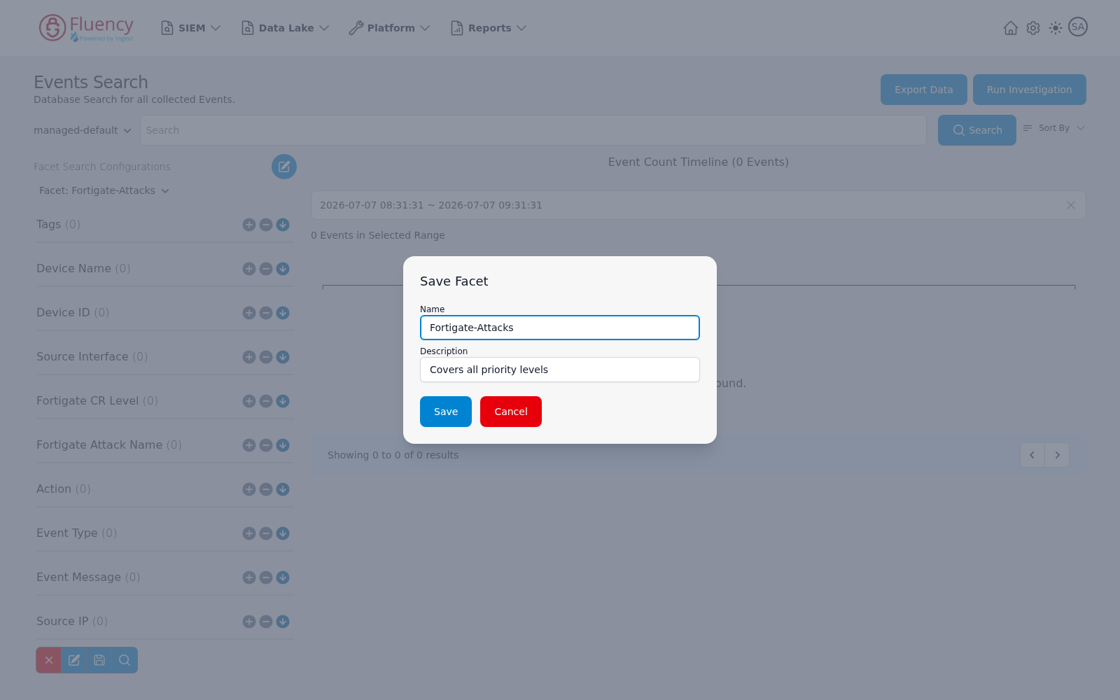 Save Facet dialog with Name and Description fields and Save and Cancel buttons