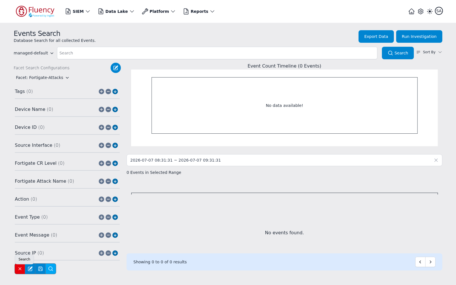 Events Search after clicking the facet magnifier button, with the timeline restored and the selected configuration's facet groups reloaded