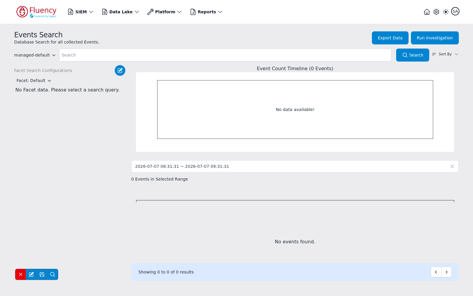 Events Search page showing the search bar, the facet panel, the event count timeline, and an empty results list