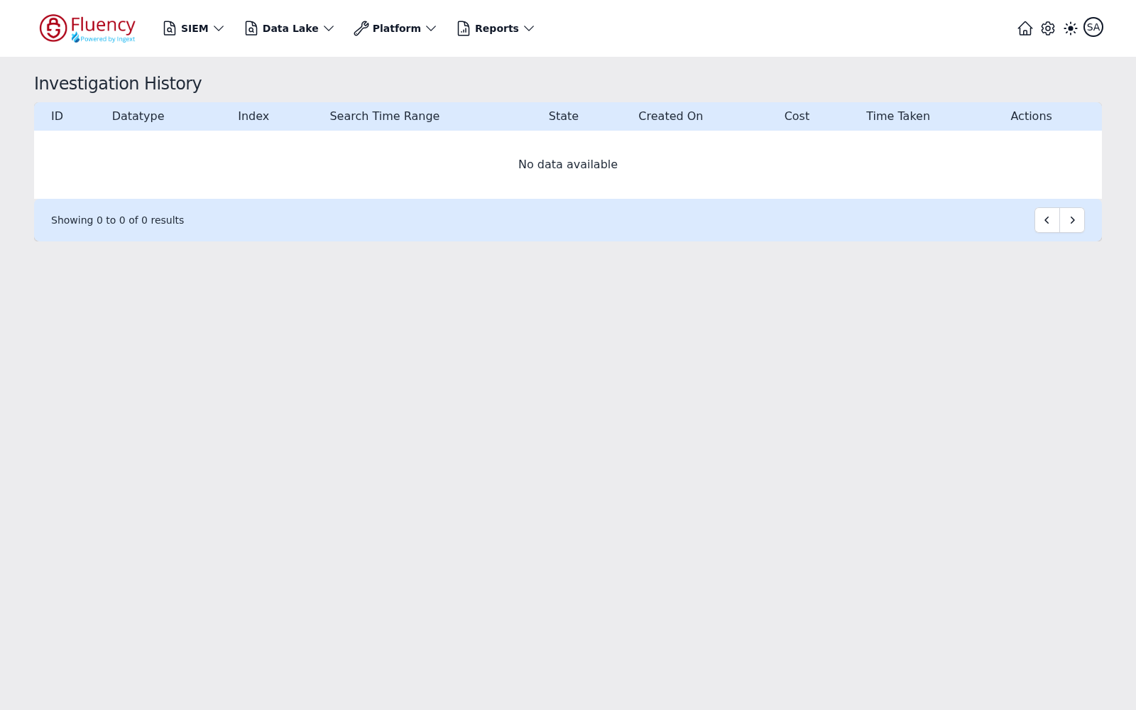 Investigation History page showing the empty investigations table with its column headers and paging footer