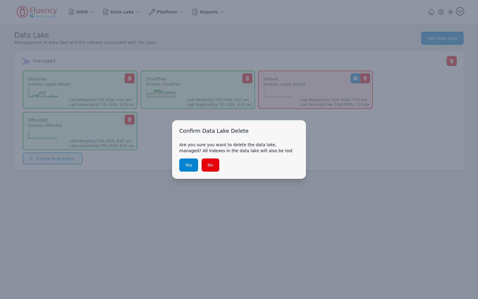 Confirm Data Lake Delete dialog warning that all indexes in the lake will also be lost