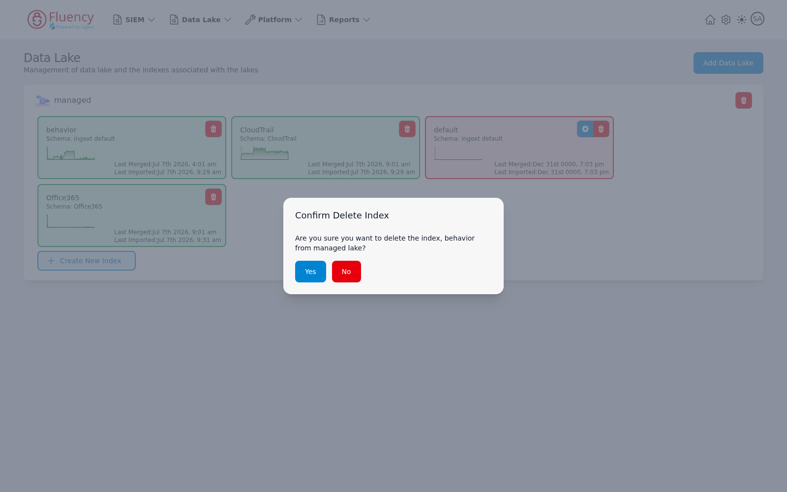 Confirm Delete Index dialog asking to confirm removing an index from the lake