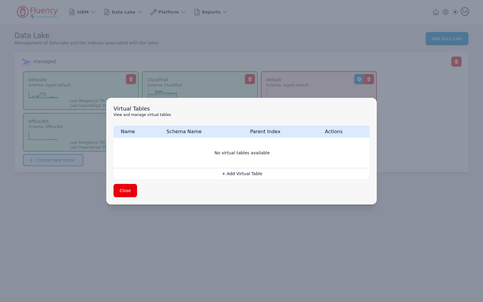 Virtual Tables dialog with an empty table and an Add Virtual Table action
