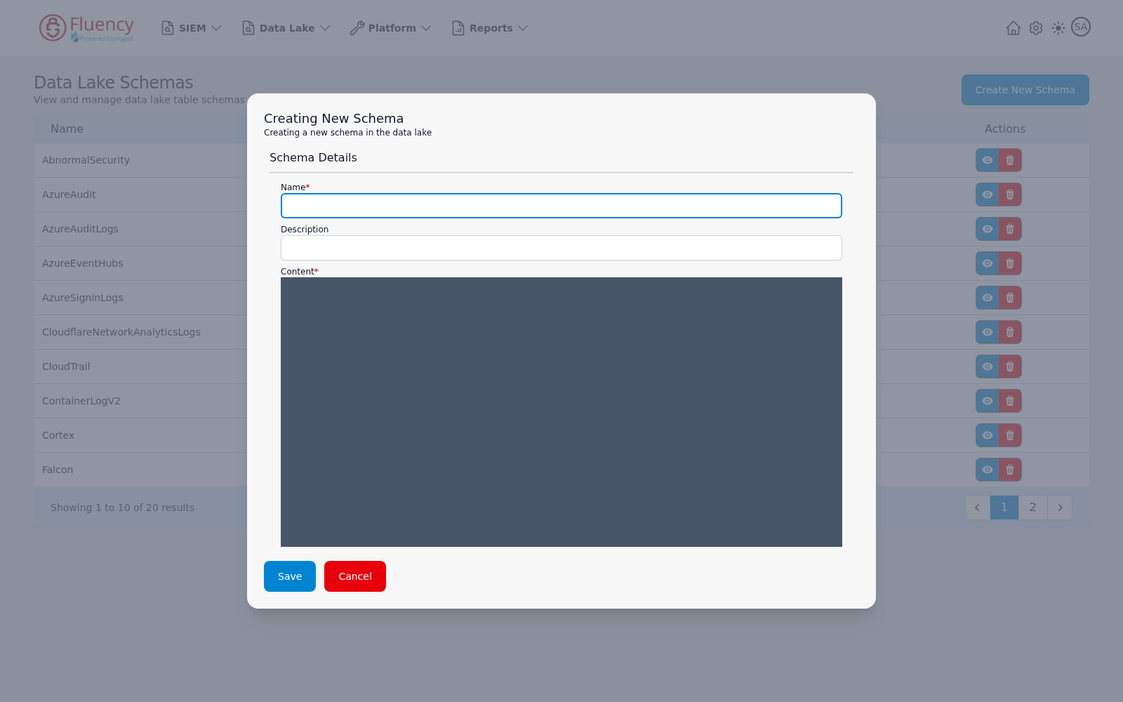 Creating New Schema dialog with empty Name, Description, and Content fields