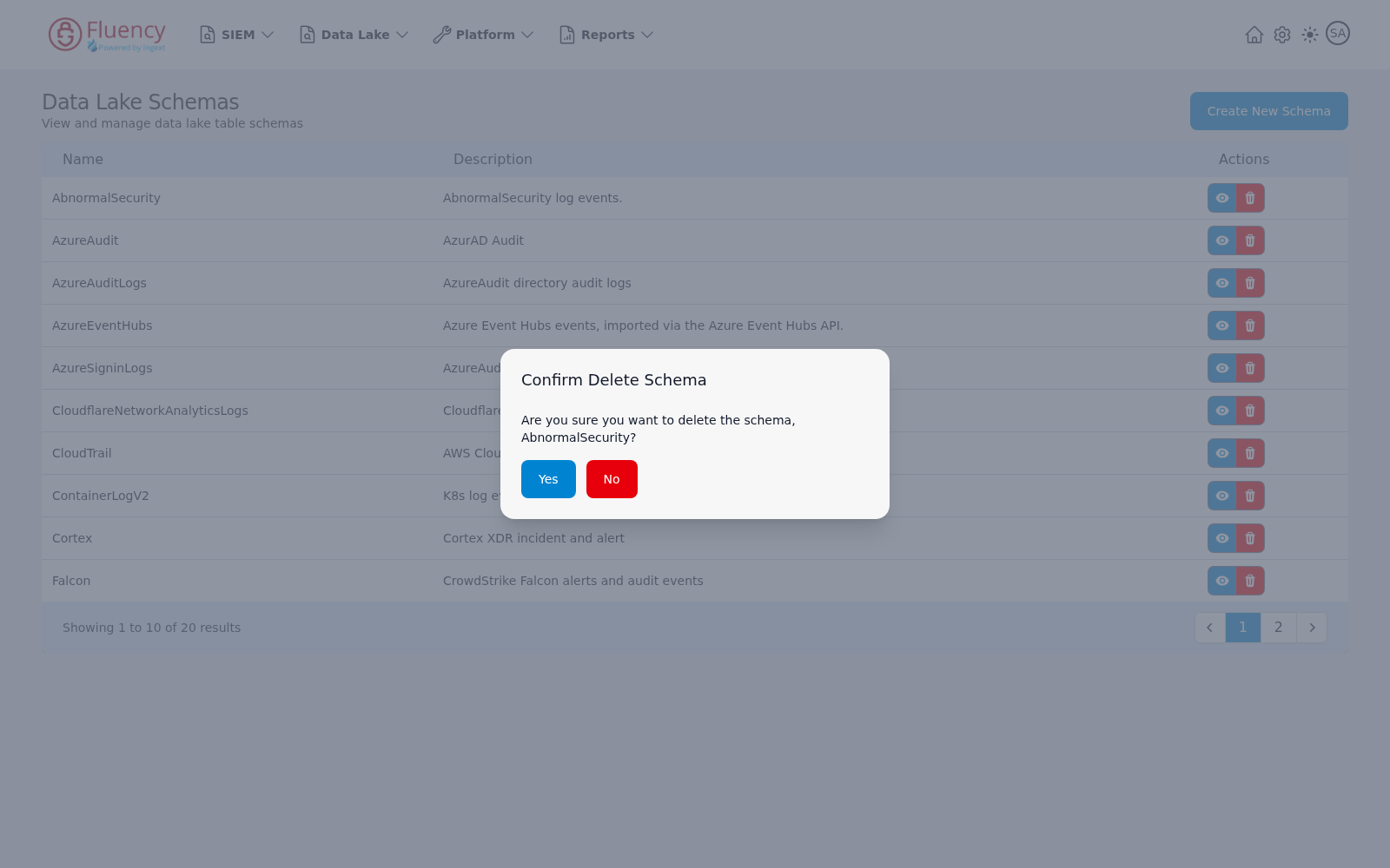 Confirm Delete Schema dialog asking to confirm deleting the selected schema