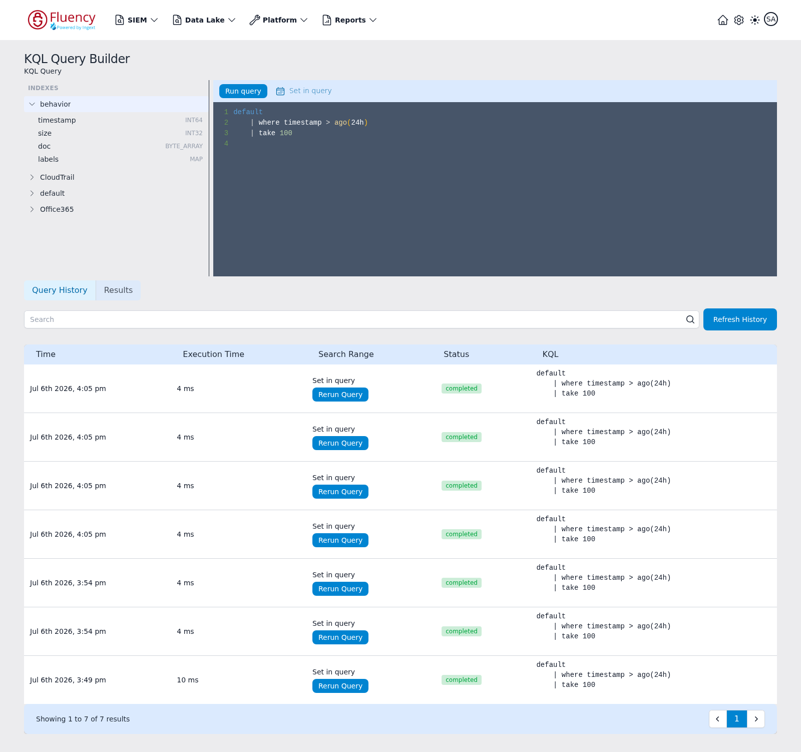 Behavior index expanded in the INDEXES panel, listing its columns and types