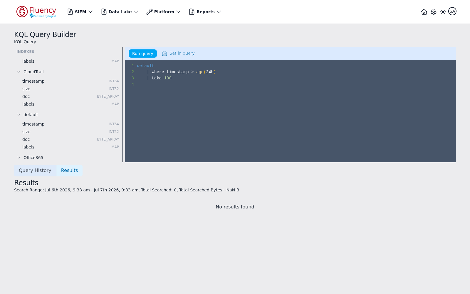 Results tab after running a query, showing the search range summary and No results found