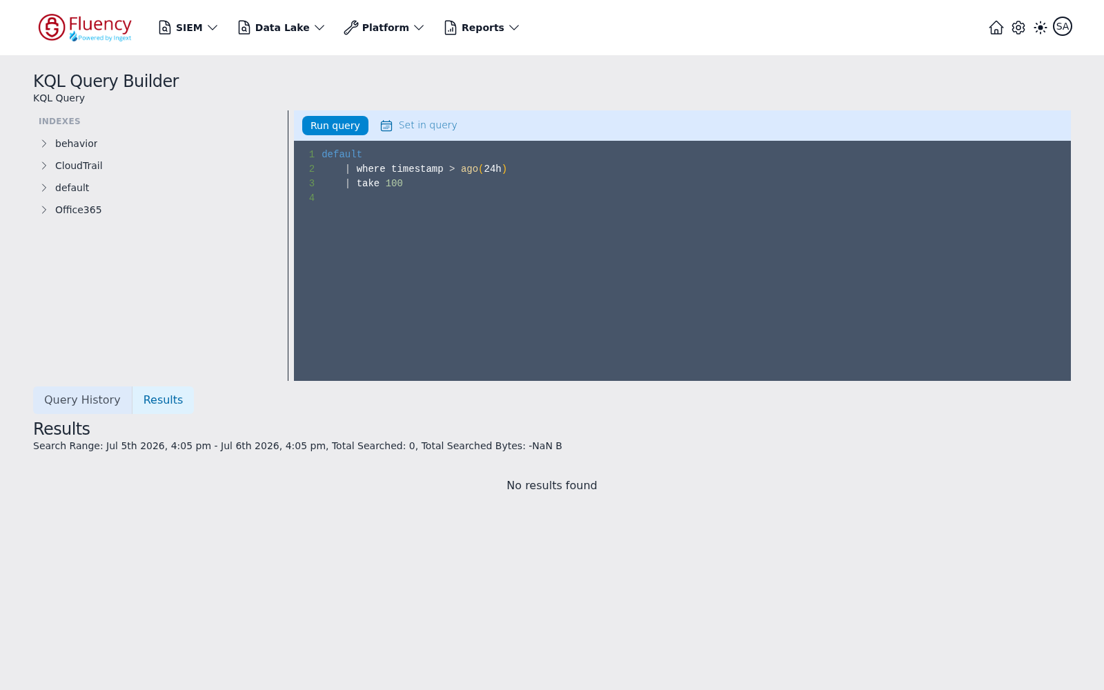 Results tab after rerunning a query from history, showing the search range summary and No results found