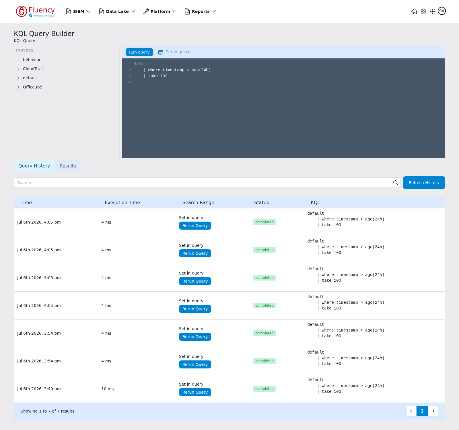 KQL Query Builder page with the index list, KQL editor, and Query History table