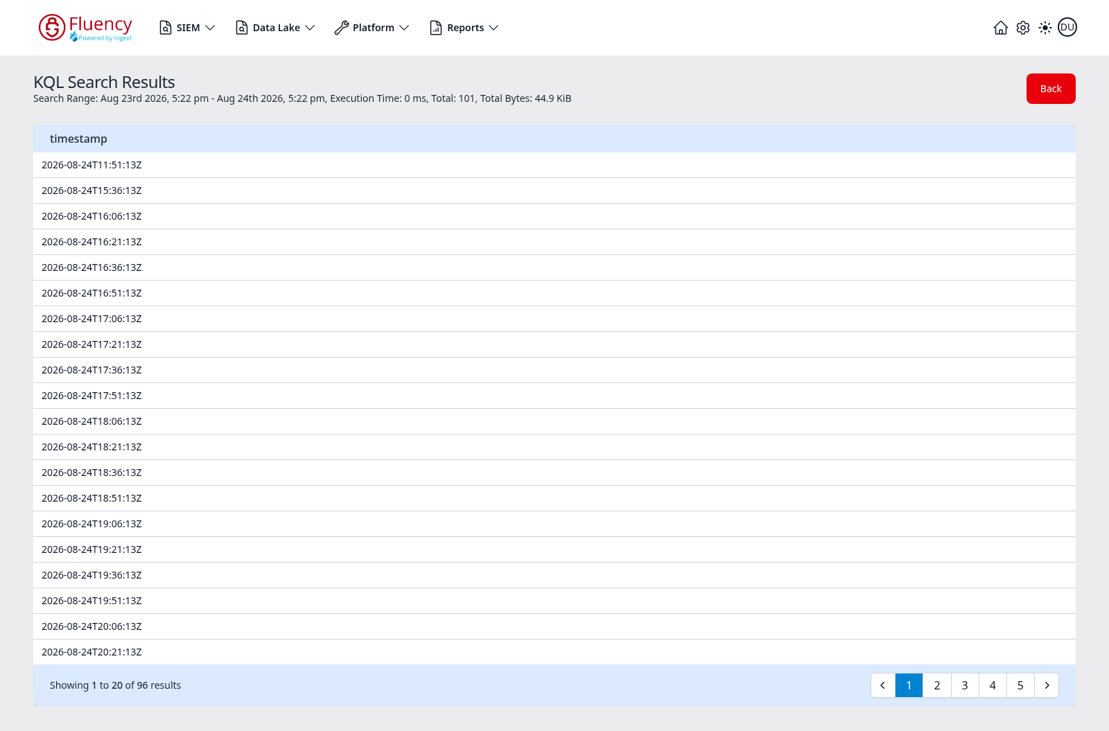 KQL Search Results page showing the search range summary, the returned records, and the Back button
