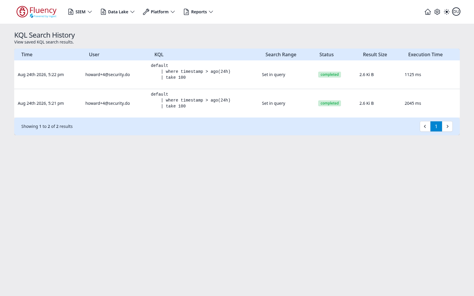 KQL Search History page listing saved KQL searches with their user, query text, status, result size, and execution time