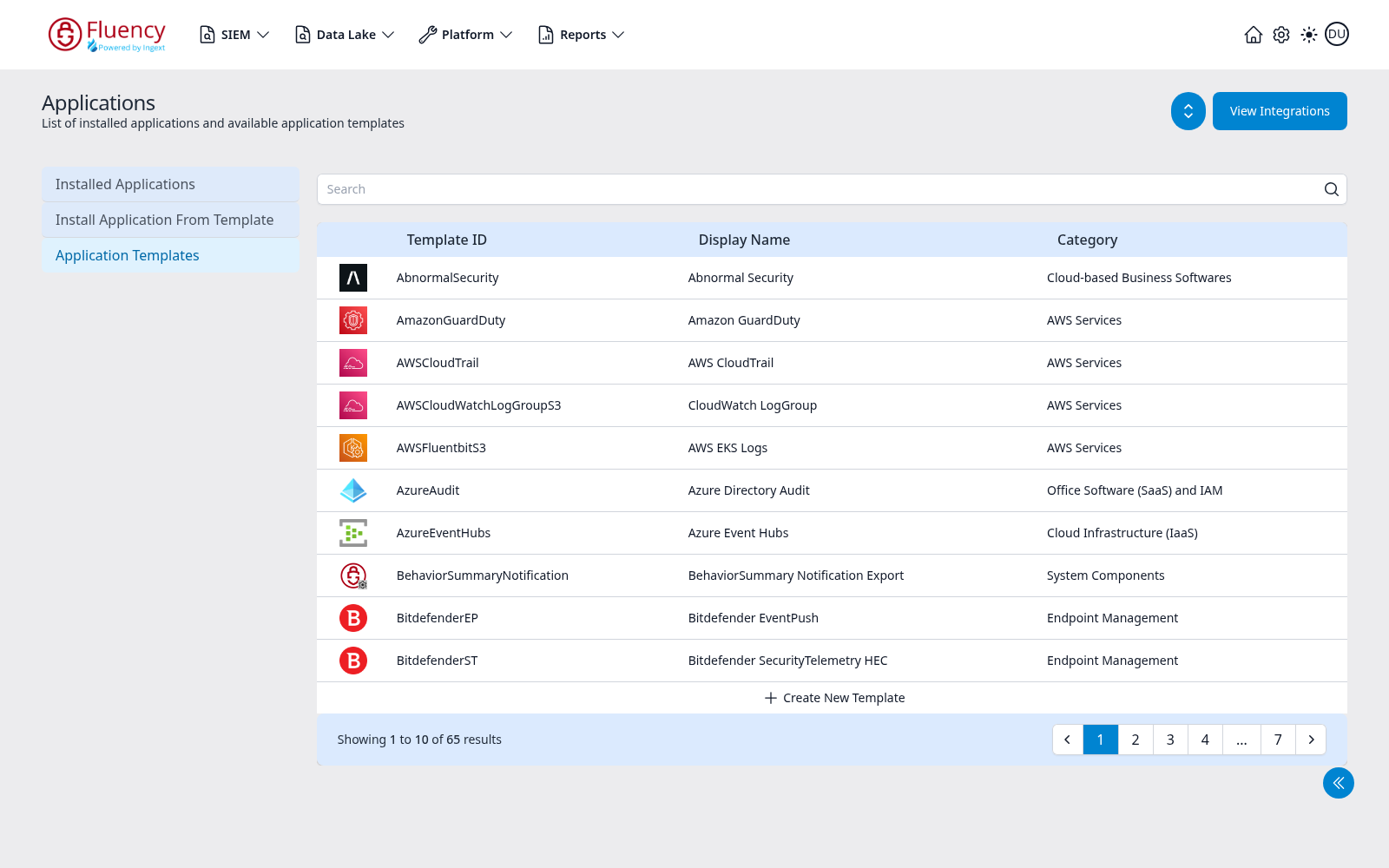 Application Templates view showing the template table with Template ID, Display Name and Category columns, the Create New Template row, and pagination