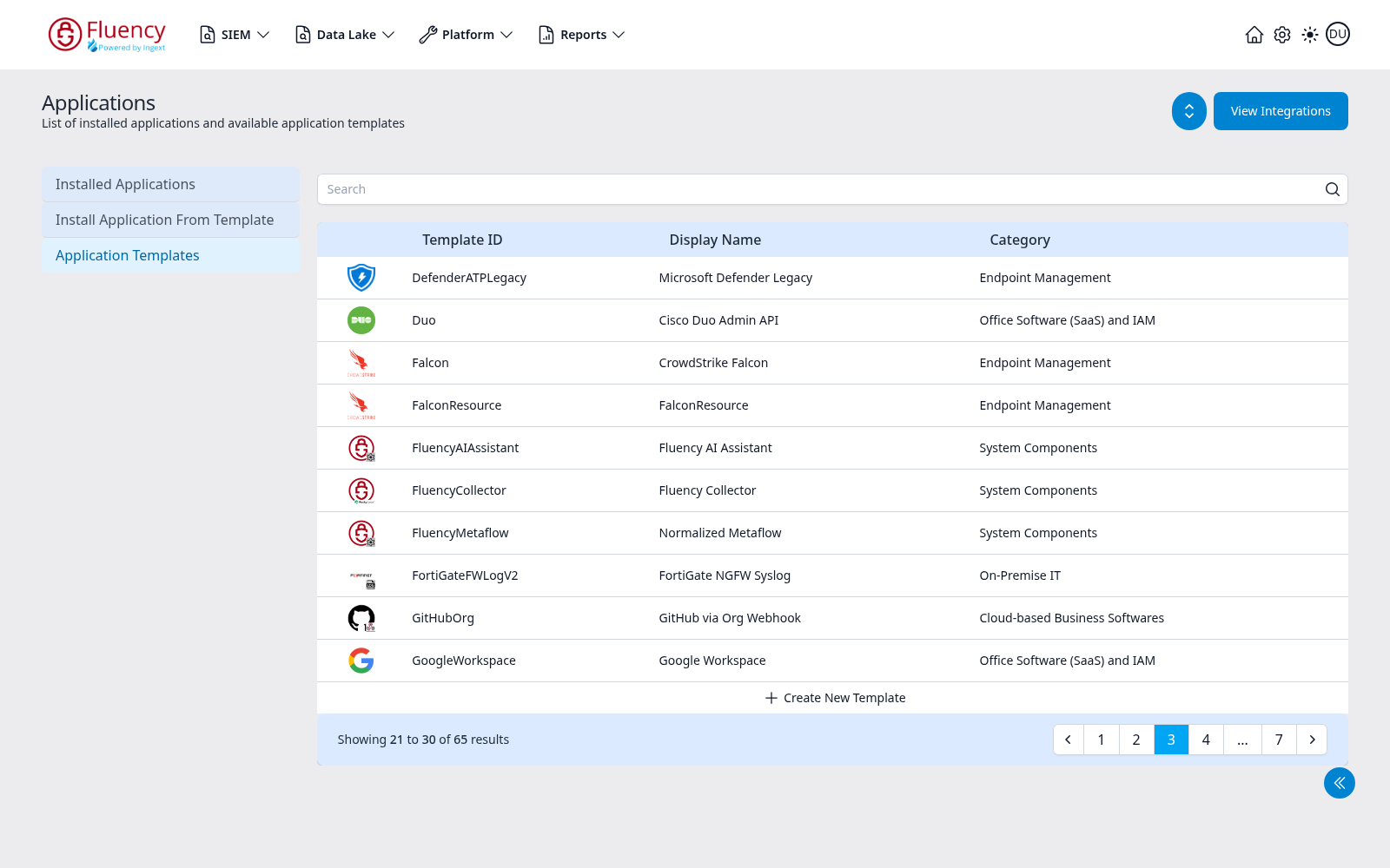 Application Templates view on page 3, showing DefenderATPLegacy through GoogleWorkspace and the footer reading Showing 21 to 30 of 65 results