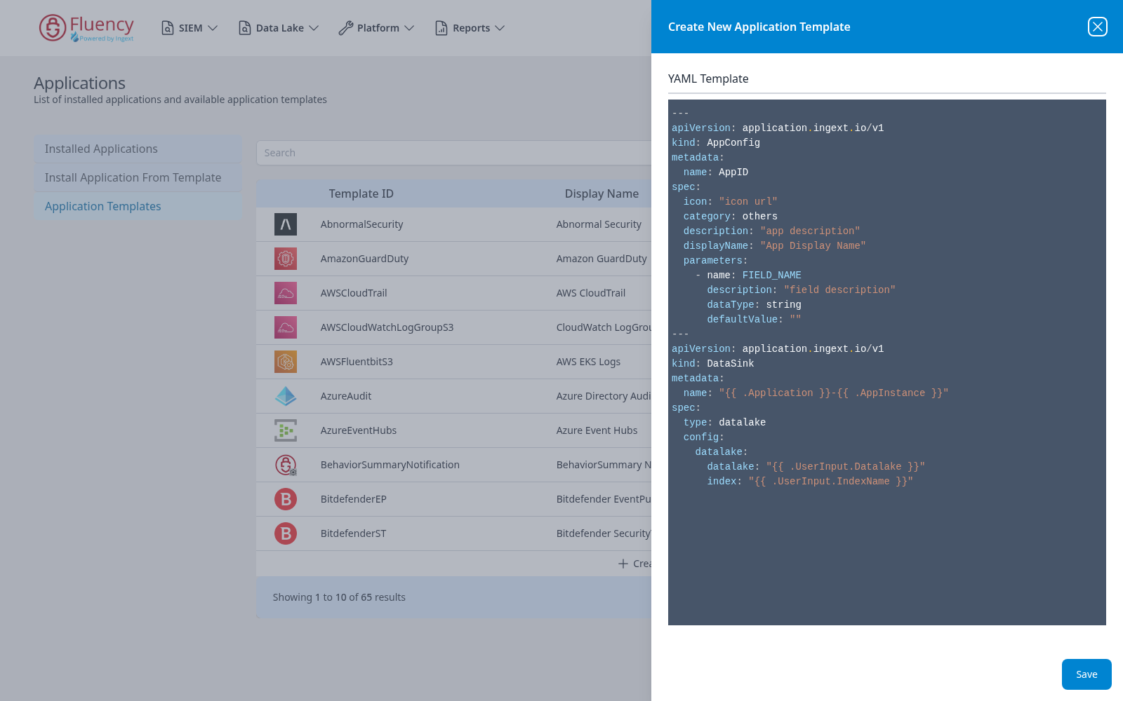 Create New Application Template panel showing the YAML Template editor pre-filled with a skeleton template and a Save button