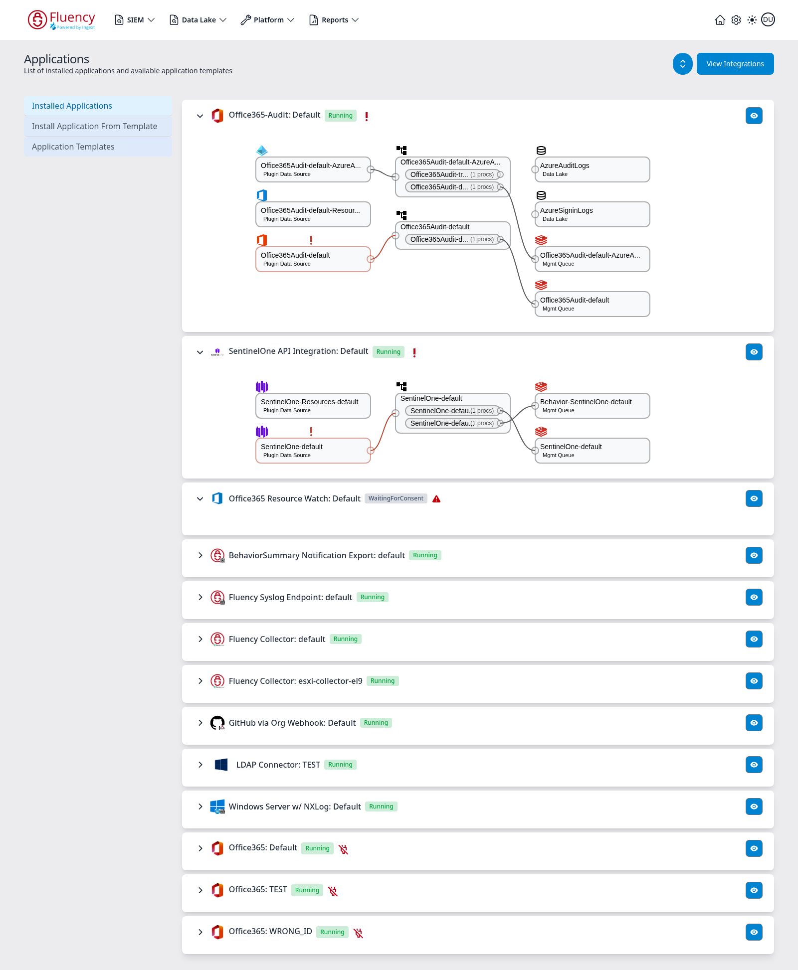 Applications page showing the Installed Applications view, with the Office365-Audit and SentinelOne cards expanded to reveal their pipeline diagrams
