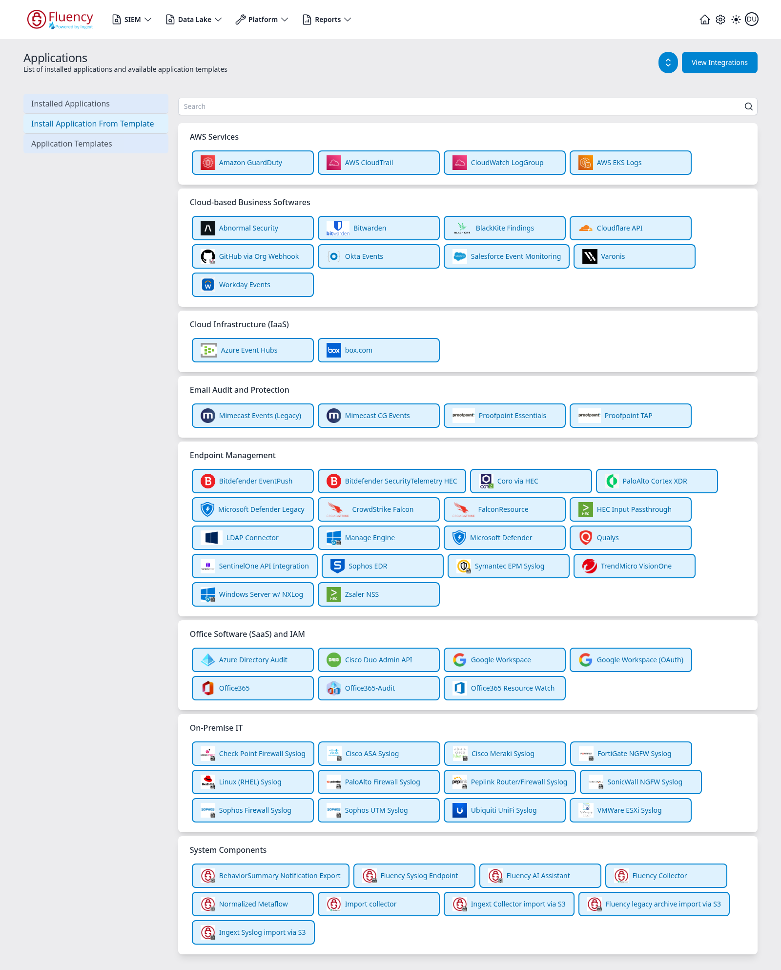 Install Application From Template view showing the search box and the template catalog grouped into category cards